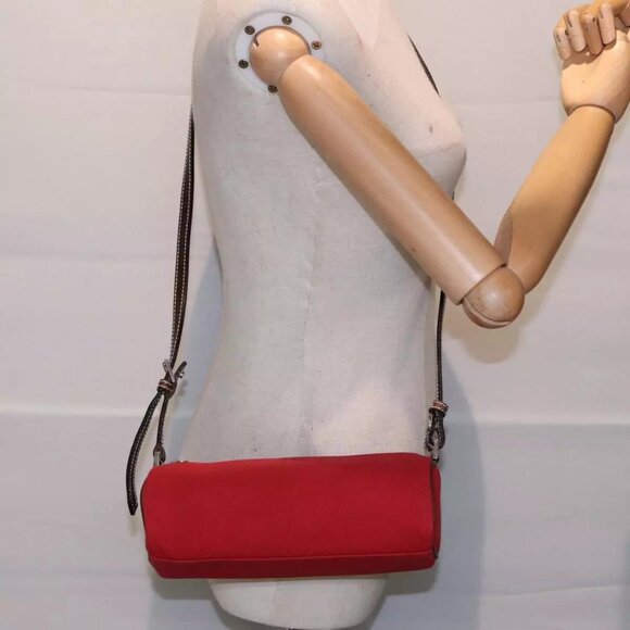 BURBERRY Blue Label Shoulder Bag Canvas Red Brown Silver Auth - Picture 1 of 15